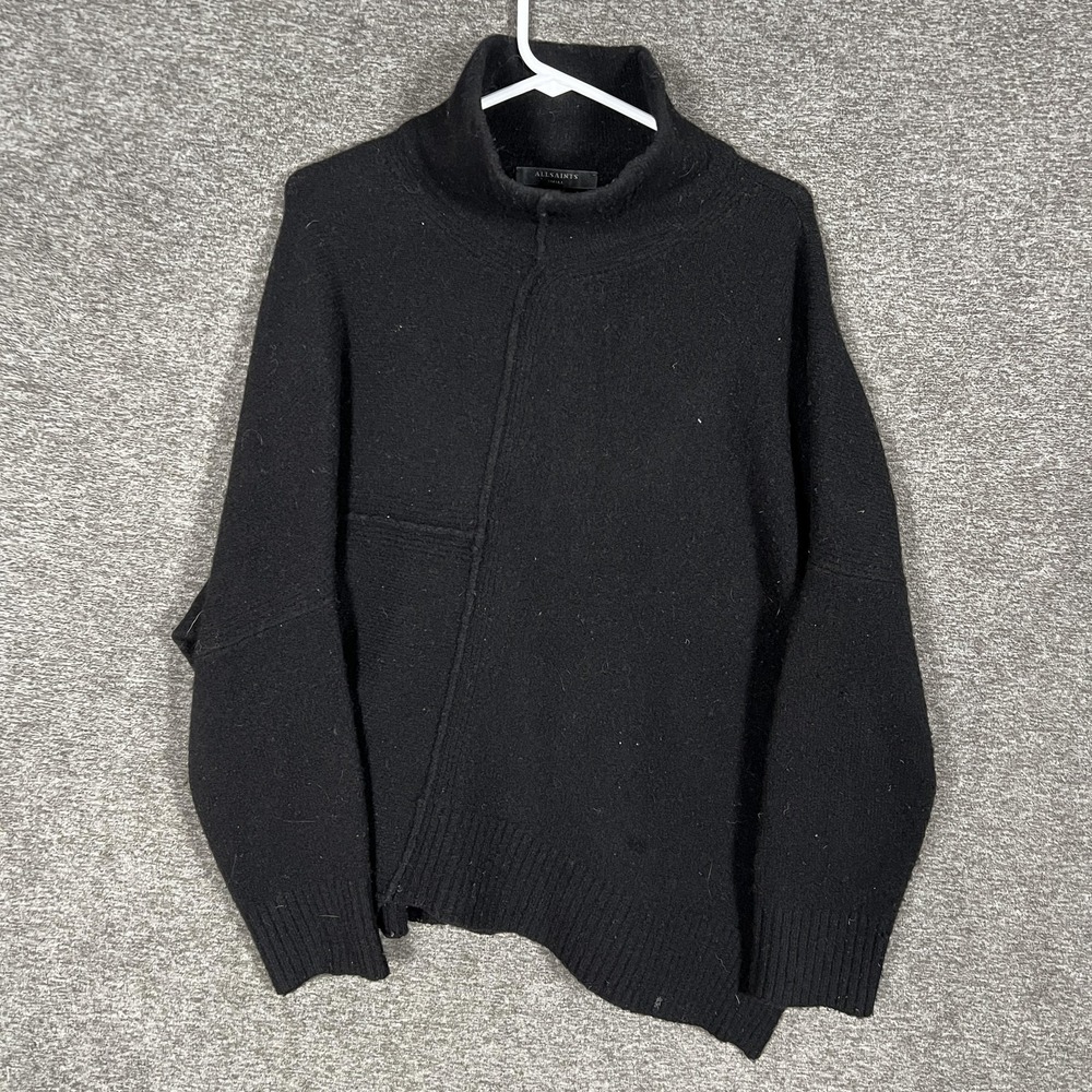 AllSaints Lock‎ Roll Neck Sweater Womens Small Black Wool Yak Asymetrical Hem
